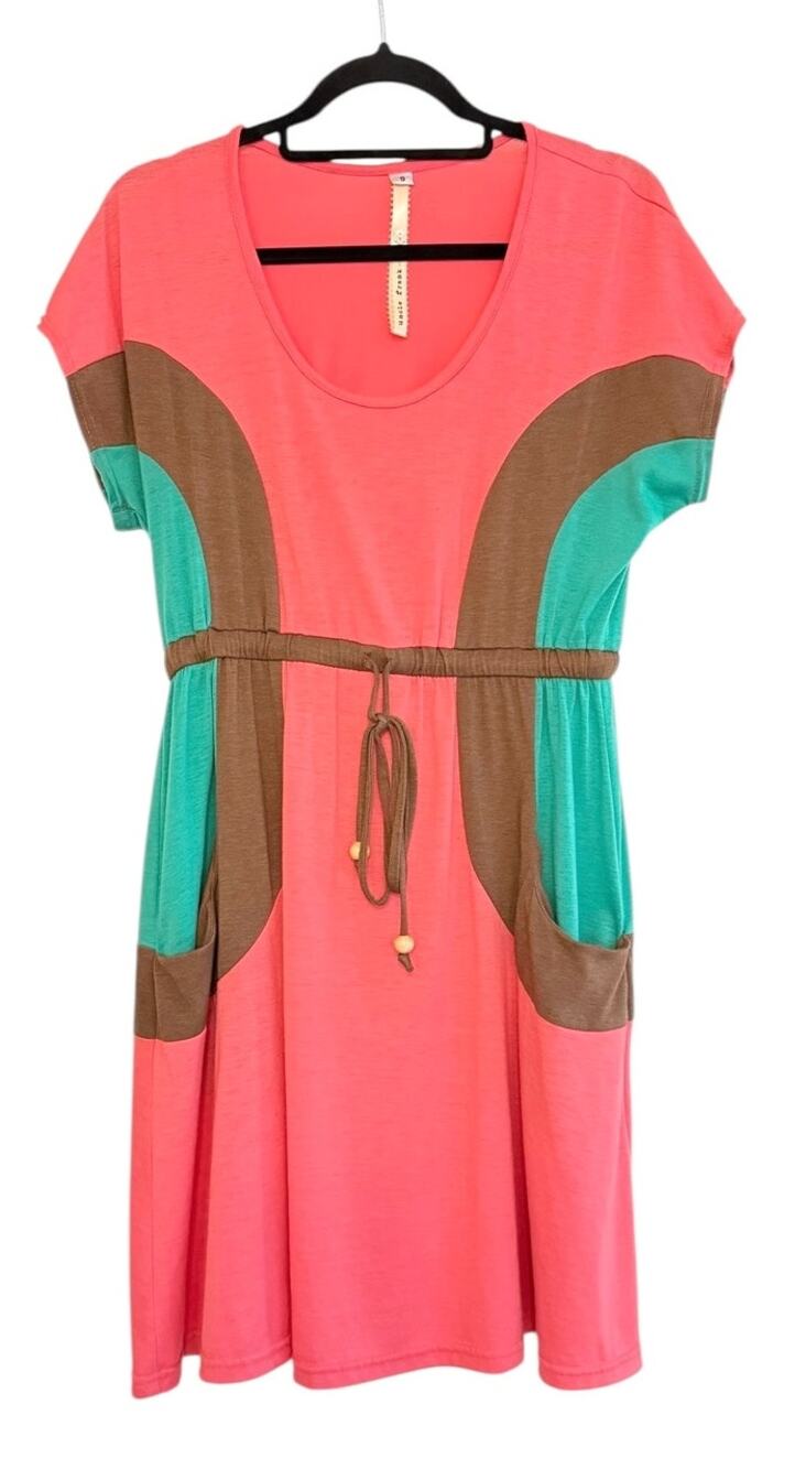Uncle Frank Colorblock Knit Dress Small Coral Pink Green Drawstring Waist